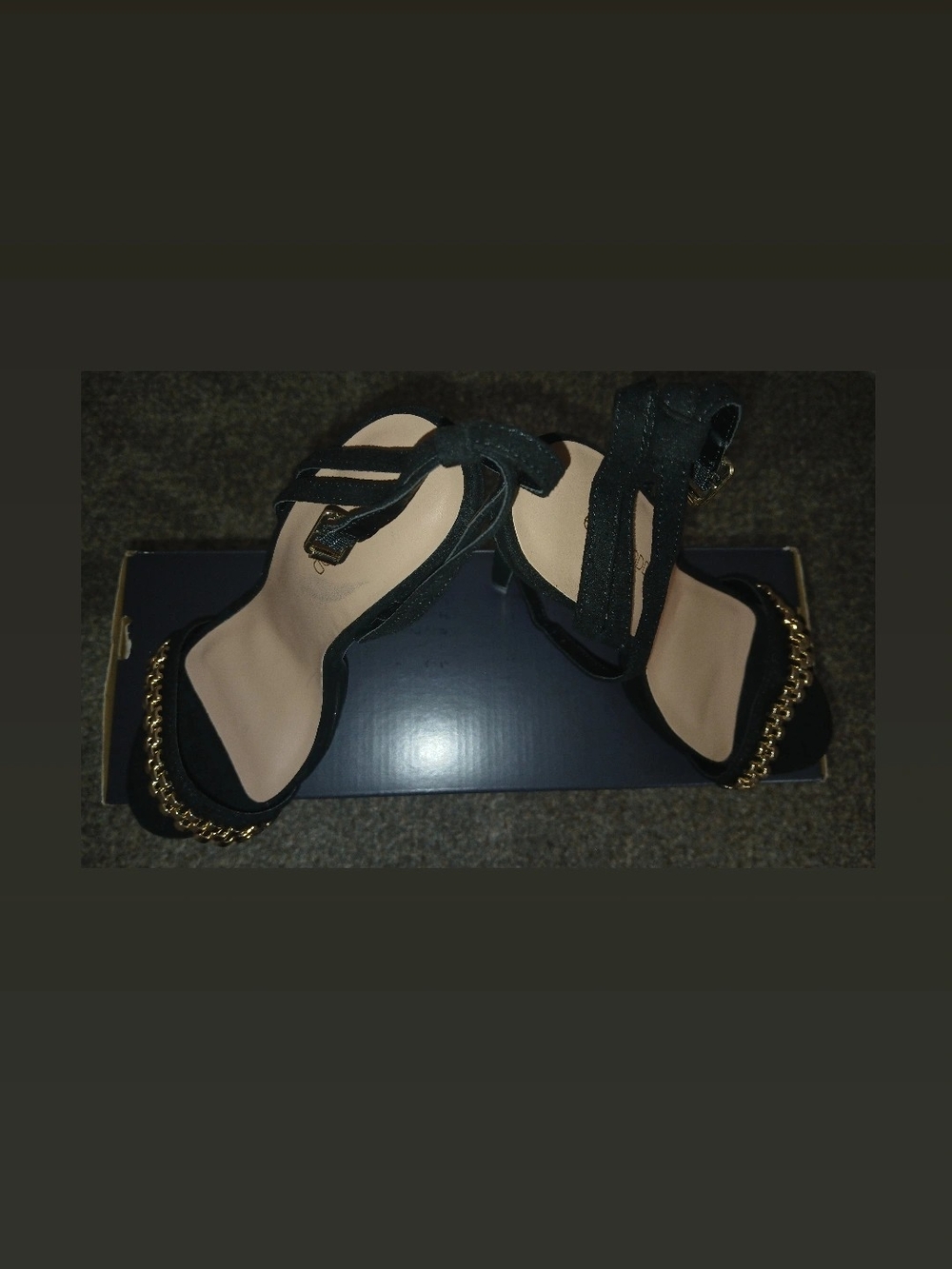 Black Suede Ankle-Strap Heels with Gold Chain Accent